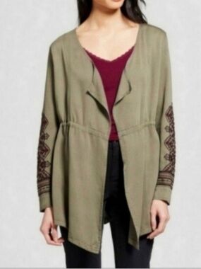 Knox Rose XS Olive Green Embroidered Open-Front,utility jacket,cascade design